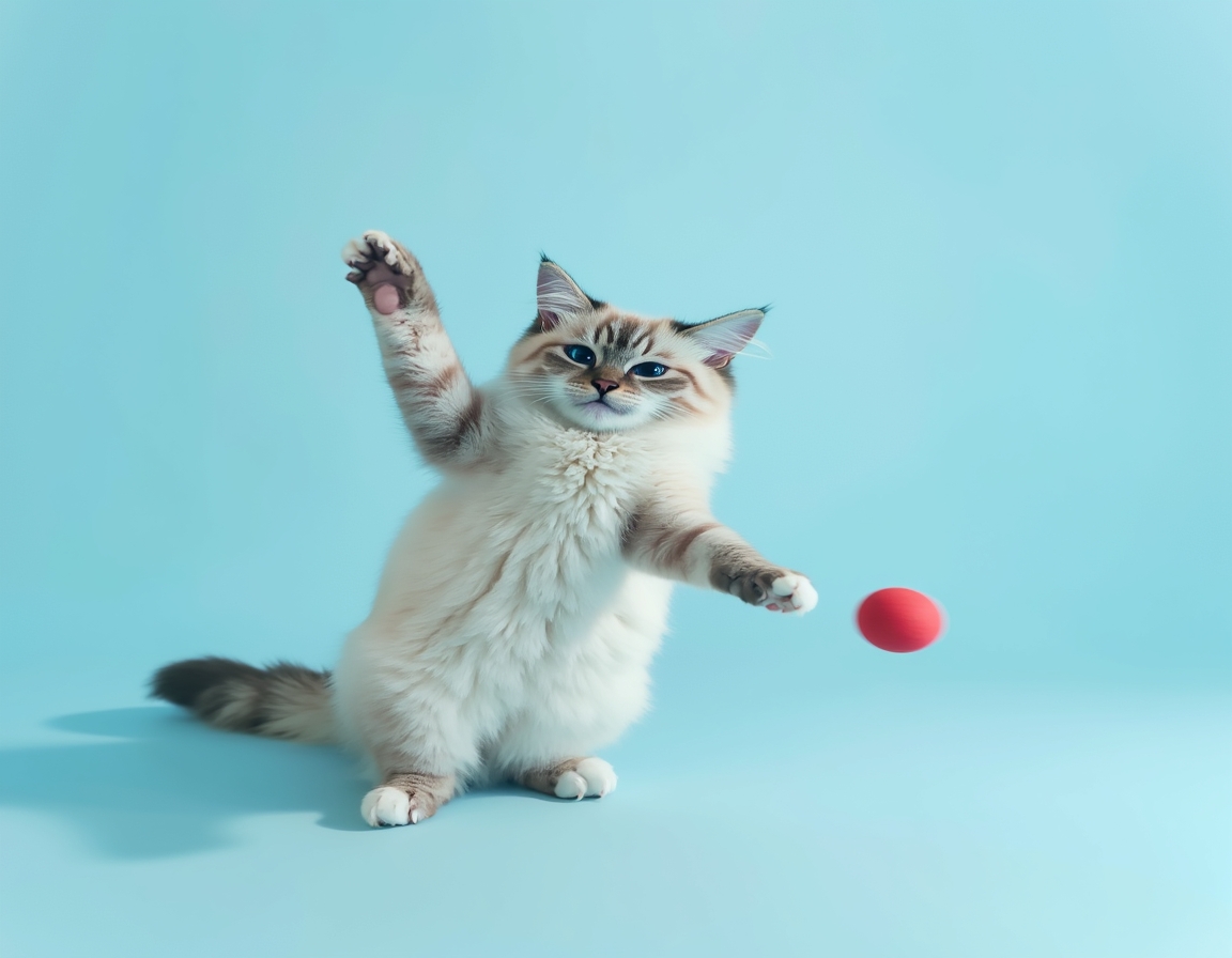 Playful studio photo of cat interacting with a bright red ball. The cat is mid-action with its paw raised, and the pastel blue background and balanced lighting create a cheerful, vibrant atmosphere that highlights the cat’s agility and energy.